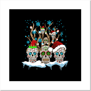 Tree Mexican Flower Sugar Skull Santa In Snow Posters and Art